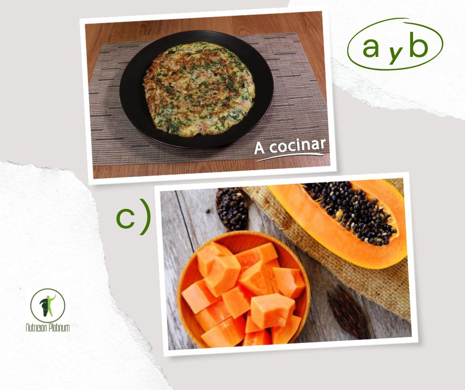 TORTILLA DE ESPINACAS Y JAMÓN SERRANO CON 1 TAJADA DE PAPAYA TAMAÑO DE PUÑO.